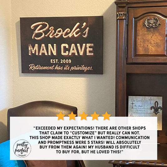 Custom “Brock’s Man Cave” wooden sign with engraved lettering, personalized man cave wall decor, retirement gift idea, rustic home office or den decoration