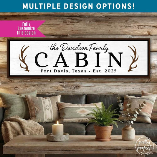 Multiple design options for rustic family cabin signs with customizable text.