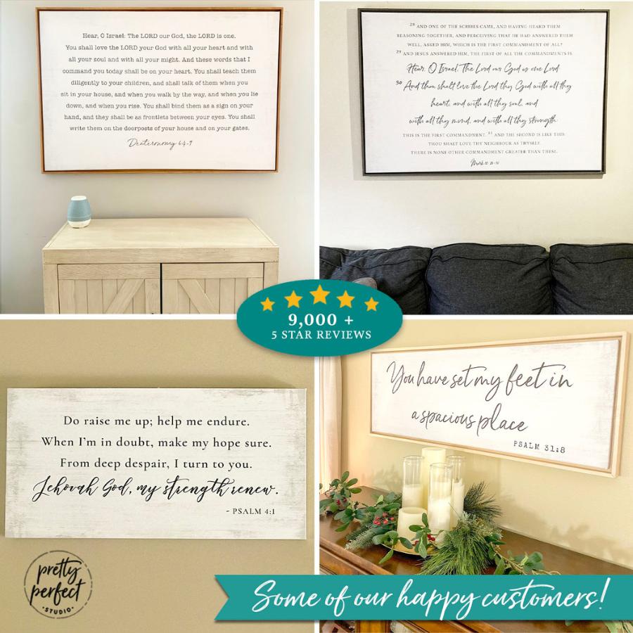 Collage of customer reviews featuring framed Bible verse wall art from Pretty Perfect Studio styled in living rooms and entryways