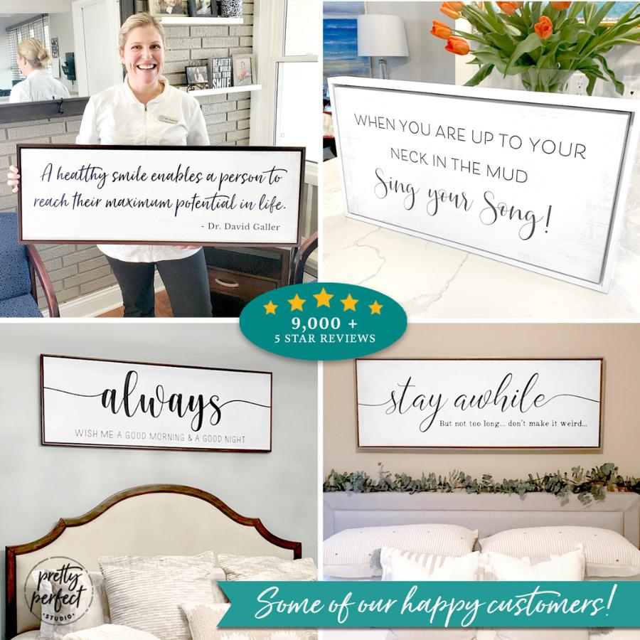 collage of custom canvas wall signs with inspirational quotes shown in real homes and customer photos highlighting personalized wall art designs
