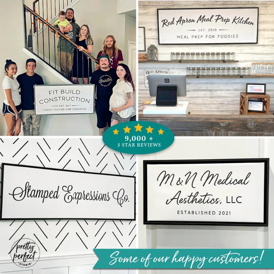 collage of custom business signs and customer photos showcasing personalized canvas wall art for offices and storefronts with 5 star reviews