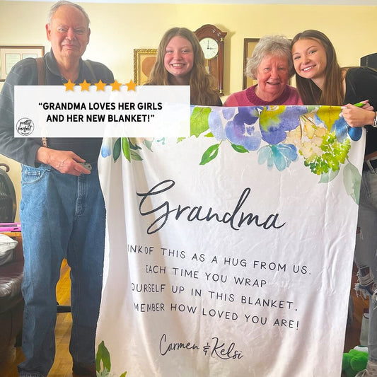 Personalized grandma blanket with custom name and heartfelt message, featuring floral design and family photo, thoughtful gift from grandkids for grandmother to feel loved and cozy