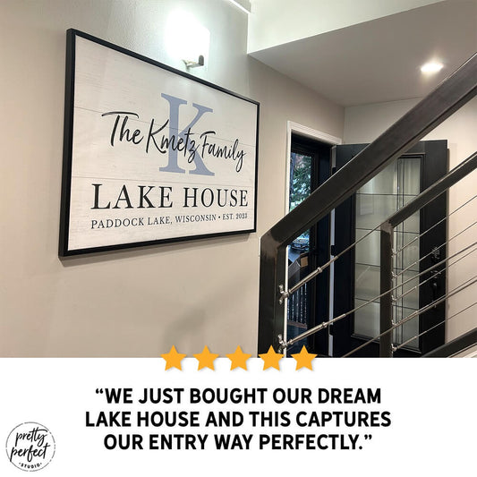Custom lake house wall sign with family name displayed in modern bedroom product review by Pretty Perfect Studio