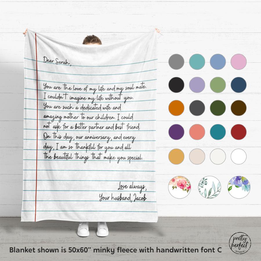 personalized handwritten note blanket custom love letter blanket on notebook style design with multiple colors and floral options