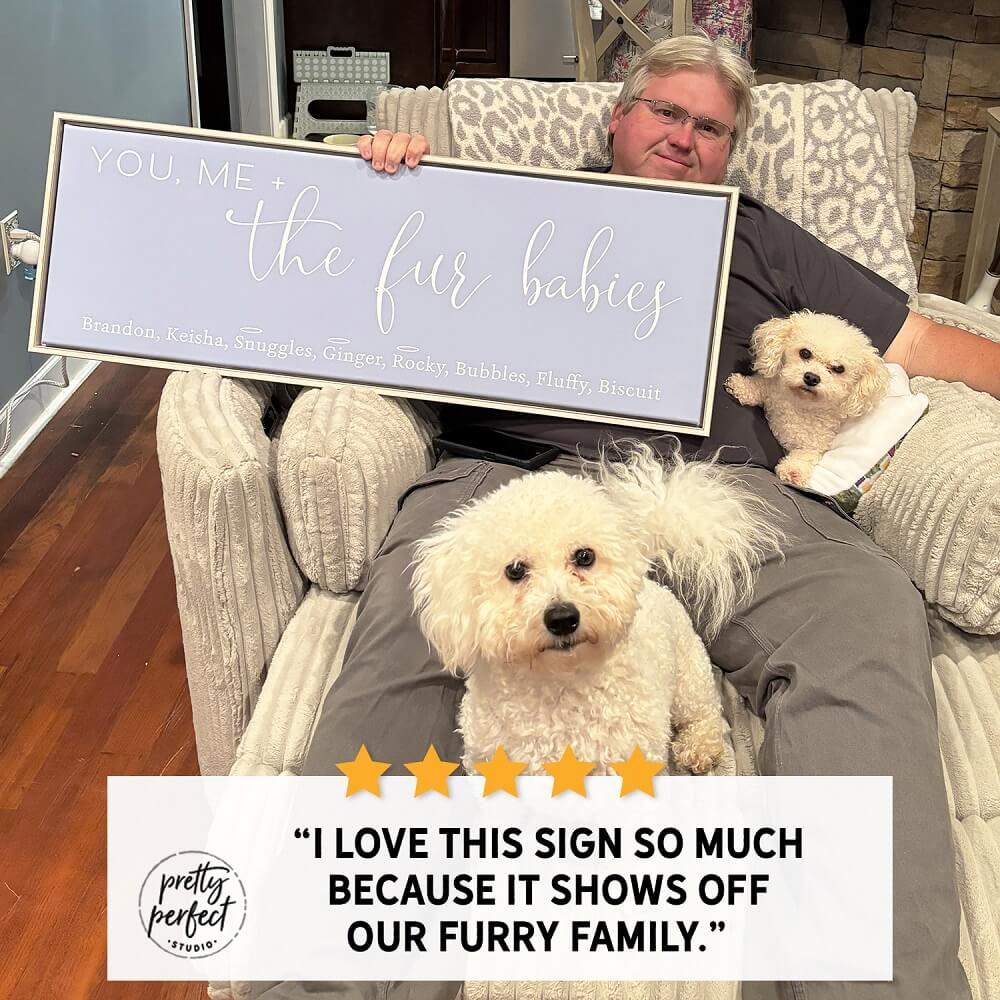 customer holding personalized pet sign with dogs, custom pet name wall art featuring furry family, pet lover gift testimonial, happy customer review with dogs