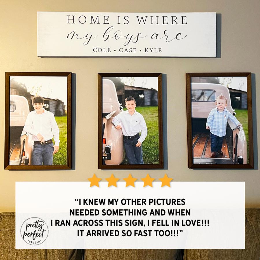 Customer product review for personalized home is where my boys are sign by Pretty Perfect Studio