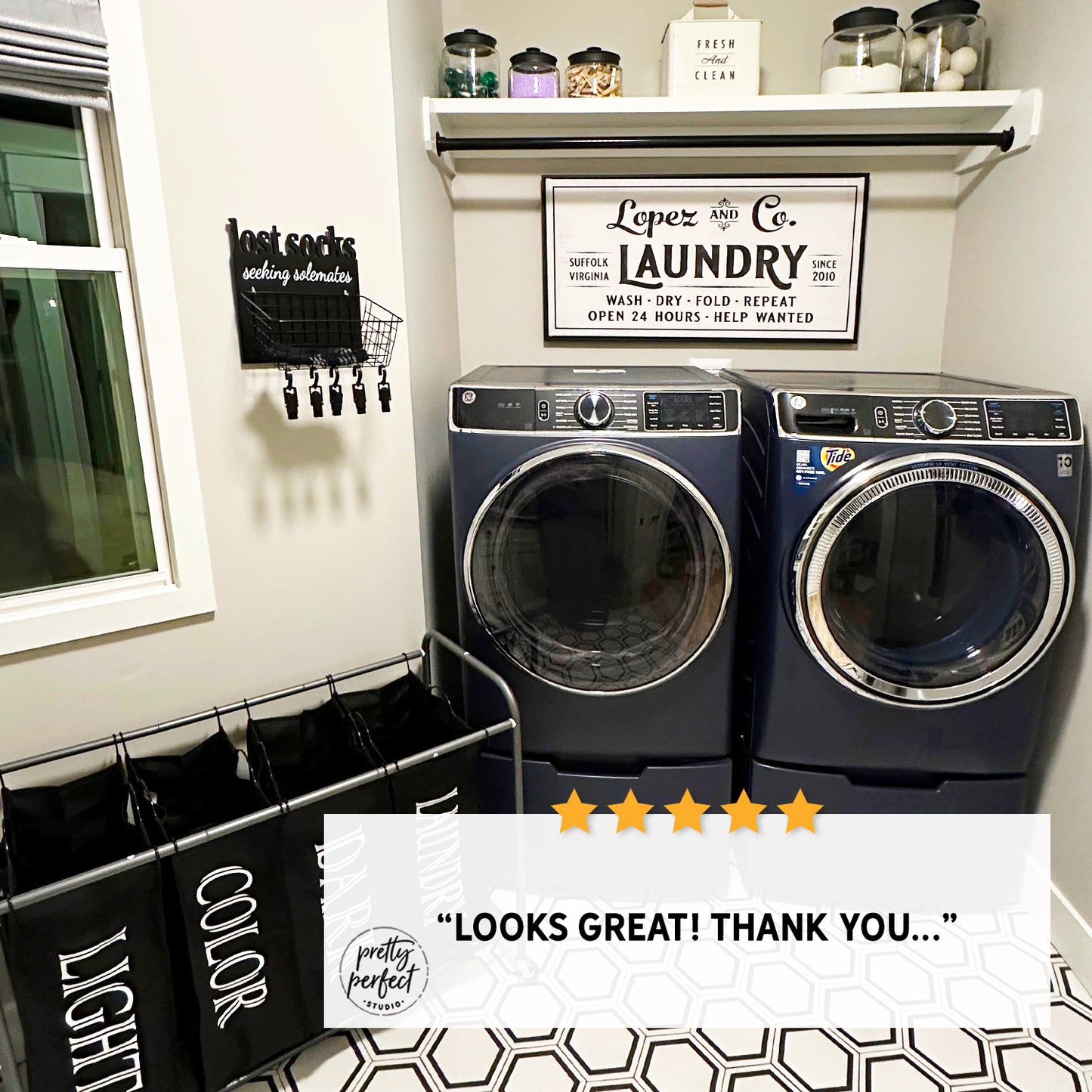 Customer product review for personalized laundry room sign by Pretty Perfect Studio