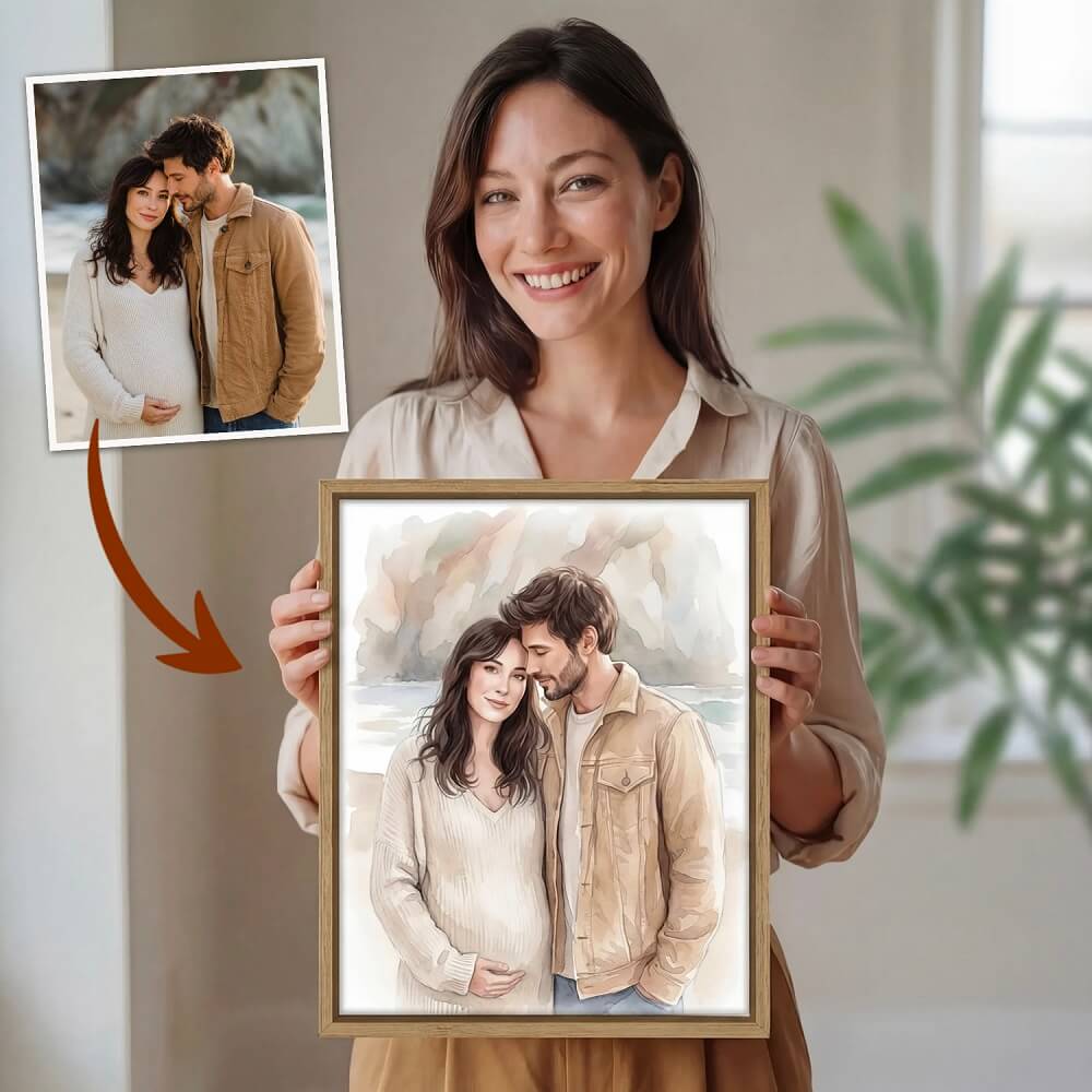 custom watercolor couple portrait from photo, personalized romantic artwork for couples, turn your picture into soft painted illustration, unique anniversary or wedding gift keepsake