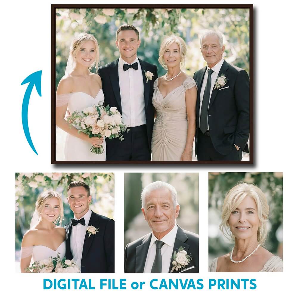 custom family portrait from wedding photos, combine multiple pictures into one painting, personalized watercolor canvas or digital file, unique wedding or anniversary gift idea