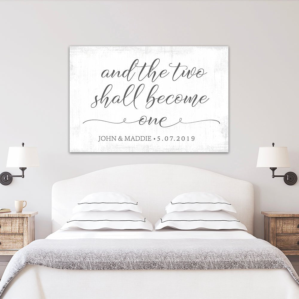 And the Two Shall Become One Canvas Sign Above Bed - Pretty Perfect Studio