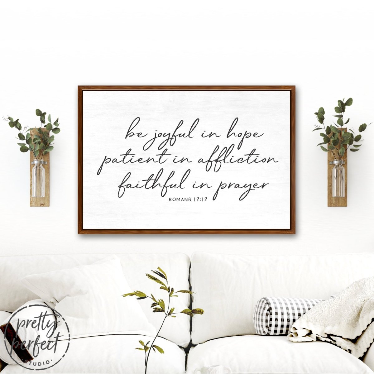 Be Joyful In Hope Sign Above Couch in Living Room – Pretty Perfect Studio