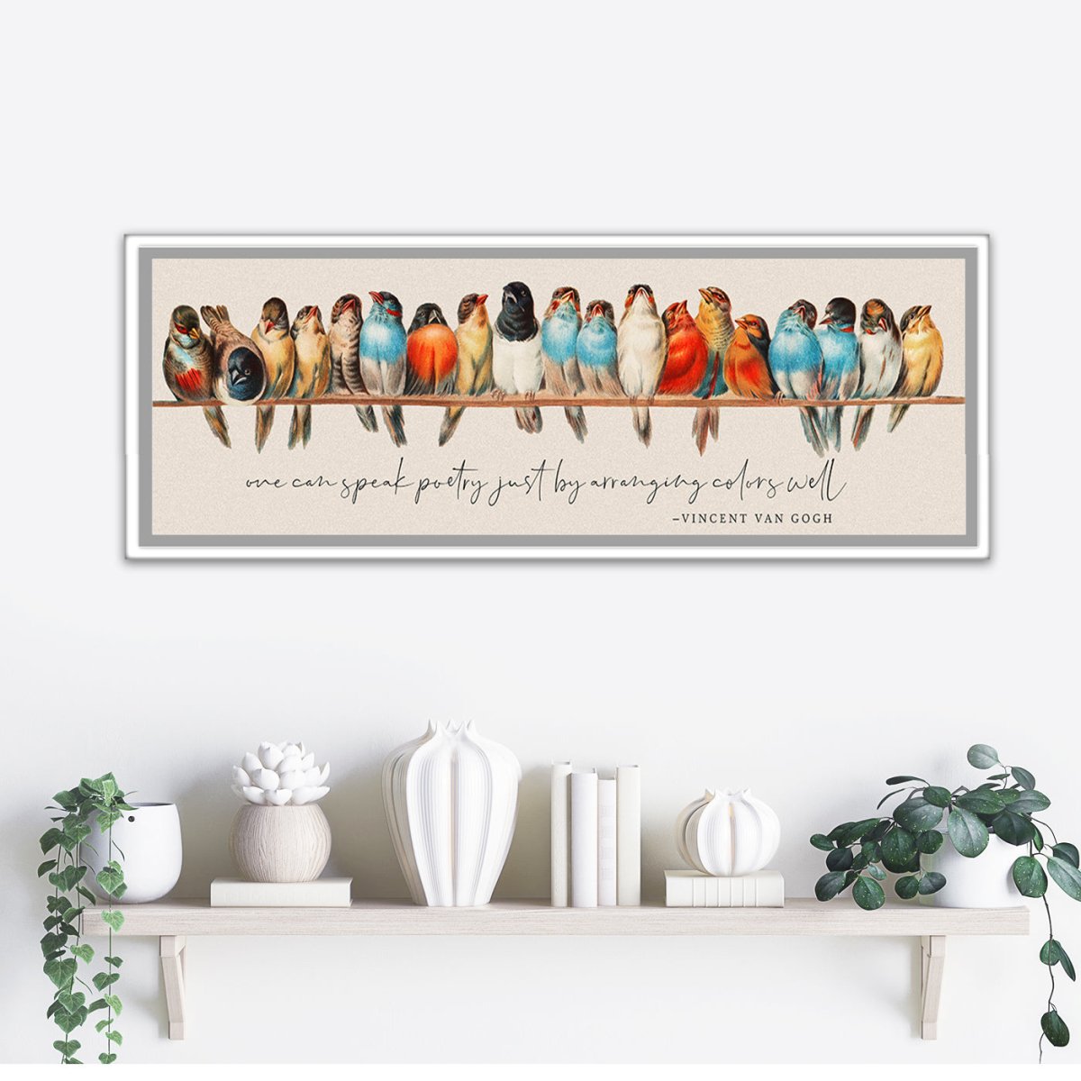 Birds On A Wire Wall Art Canvas Hanging On Wall Above Shelf - Pretty Perfect Studio