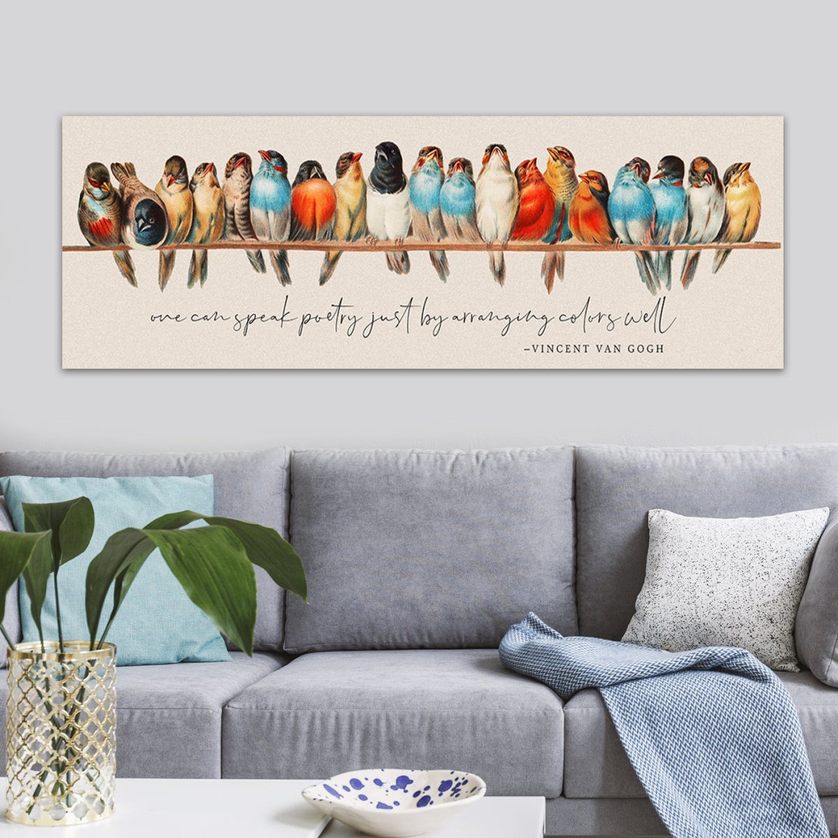 Birds On A Wire Wall Art Hanging on Wall Above Couch - Pretty Perfect Studio