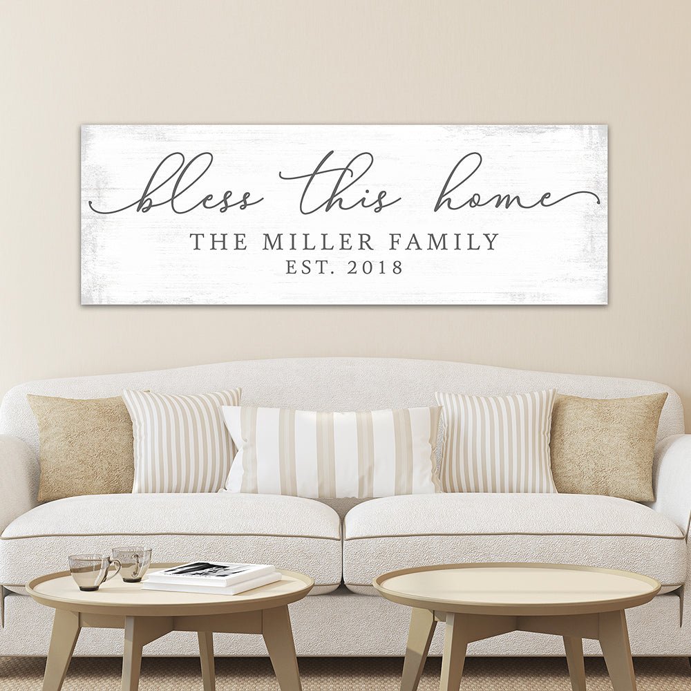Bless This Home Quote Canvas Wall Art Above Couch - Pretty Perfect Studio