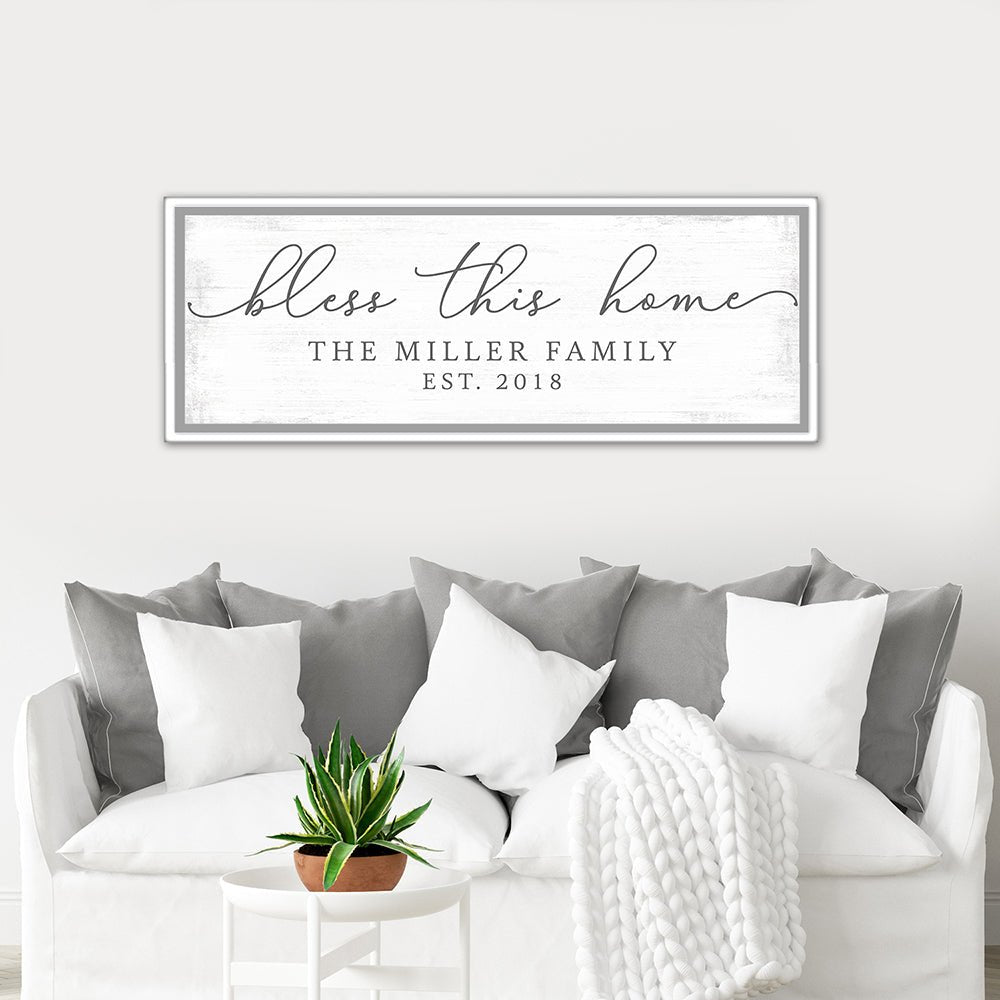Bless This Home Quote Canvas Wall Art Above Couch - Pretty Perfect Studio