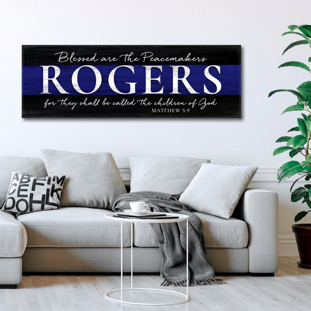 Blessed Are The Peacemakers Personalized Police Officer Sign in Family Room Above Couch - Pretty Perfect Studio