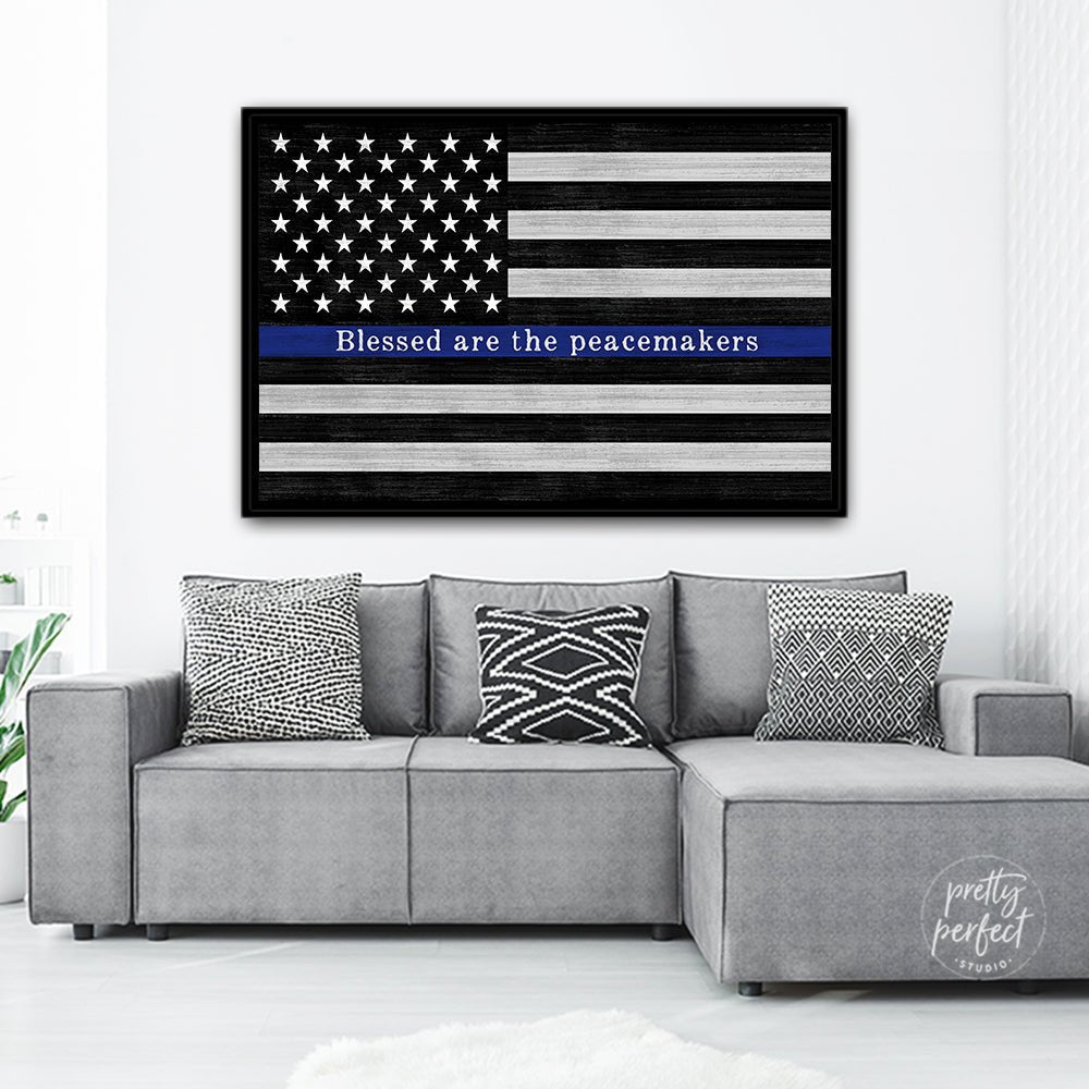 Blessed Are The Peacemakers Police Officer Sign Above Couch - Pretty Perfect Studio