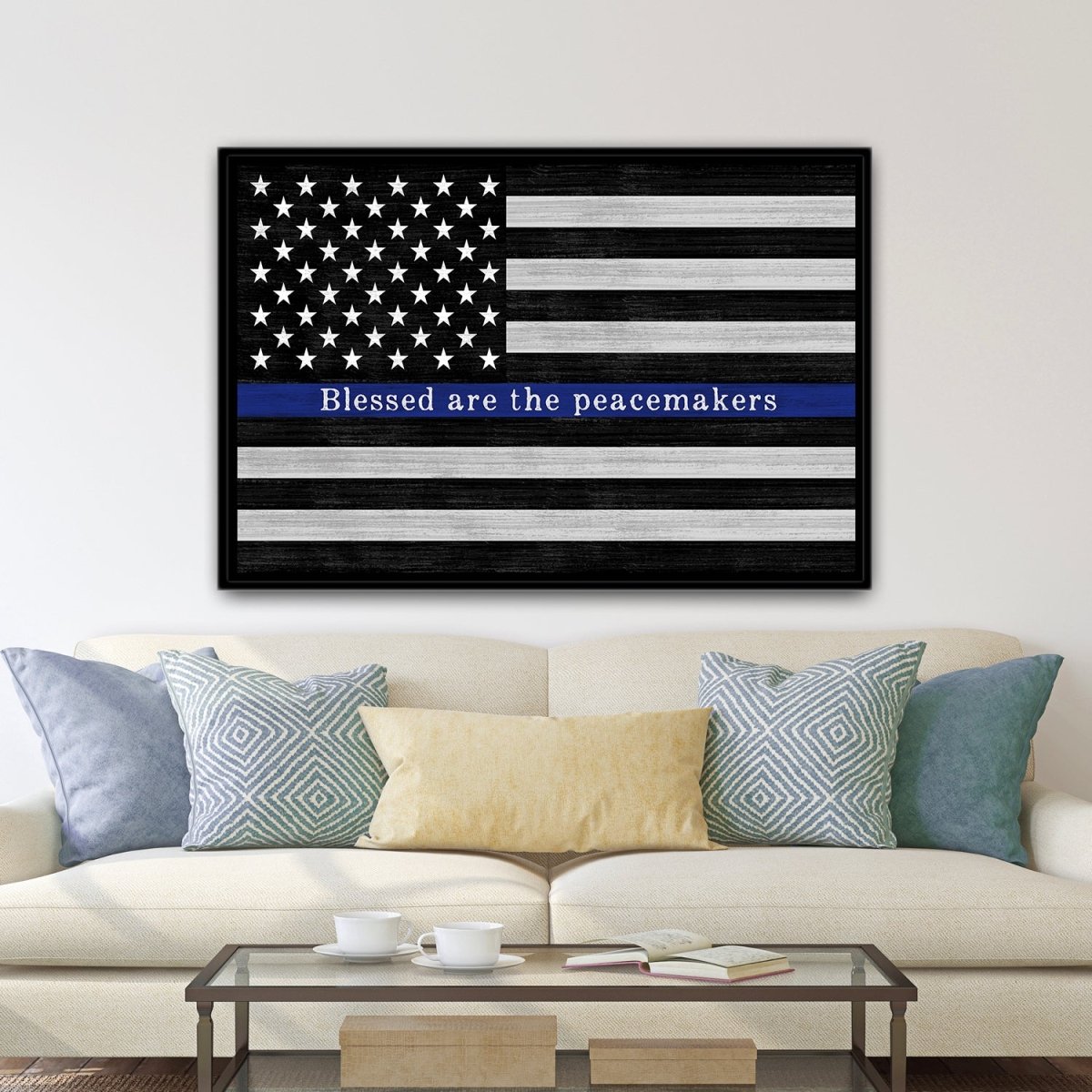 Blessed Are The Peacemakers Police Officer Sign Above Couch - Pretty Perfect Studio