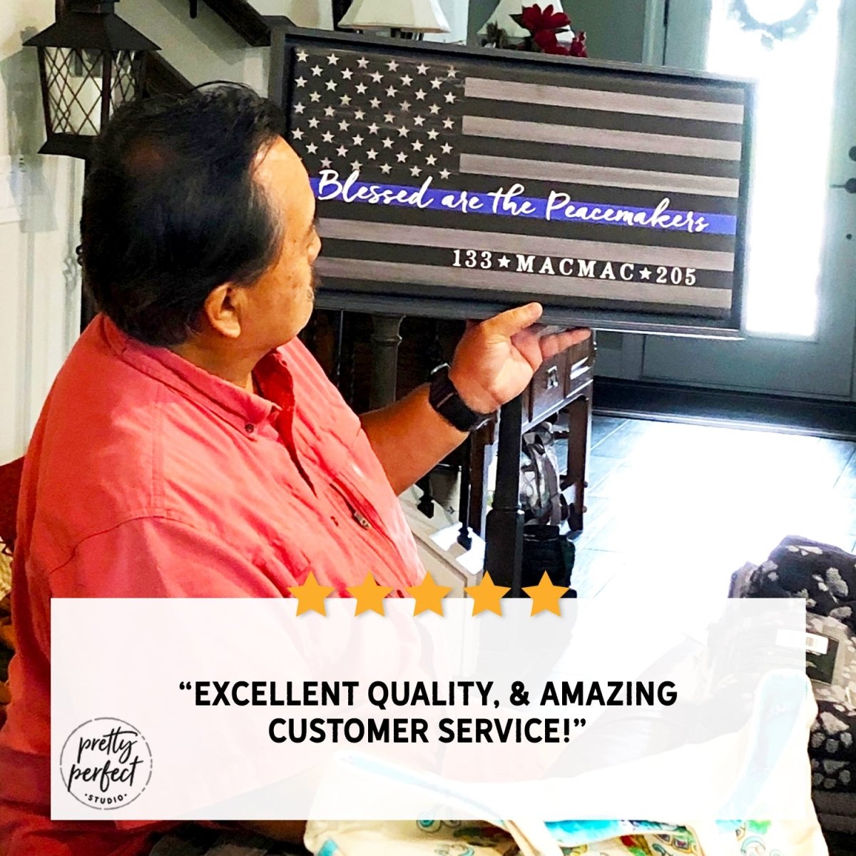 Customer product review for personalized blue line police officer sign by Pretty Perfect Studio