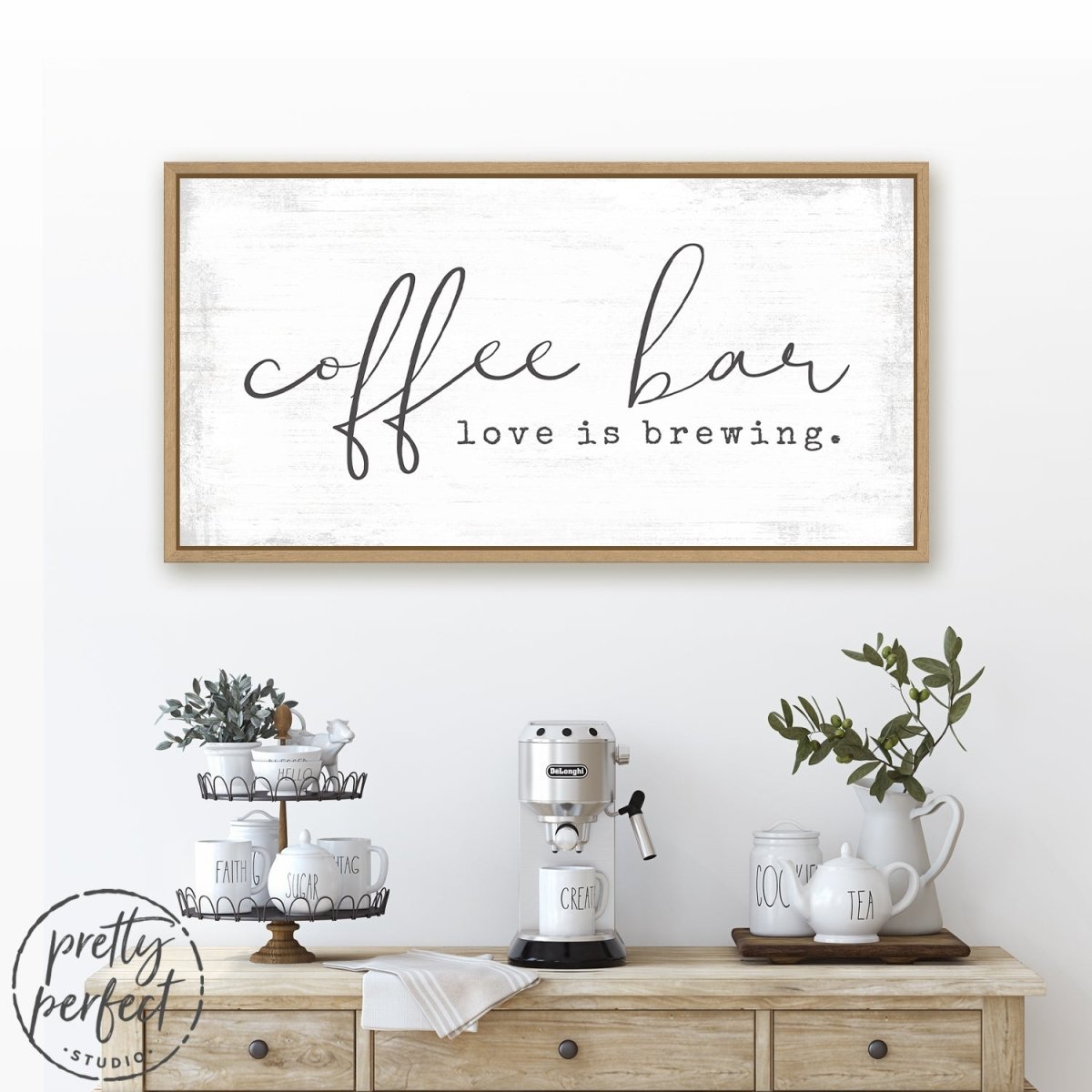 Coffee Bar Love Is Brewing Sign Above Shelf - Pretty Perfect Studio
