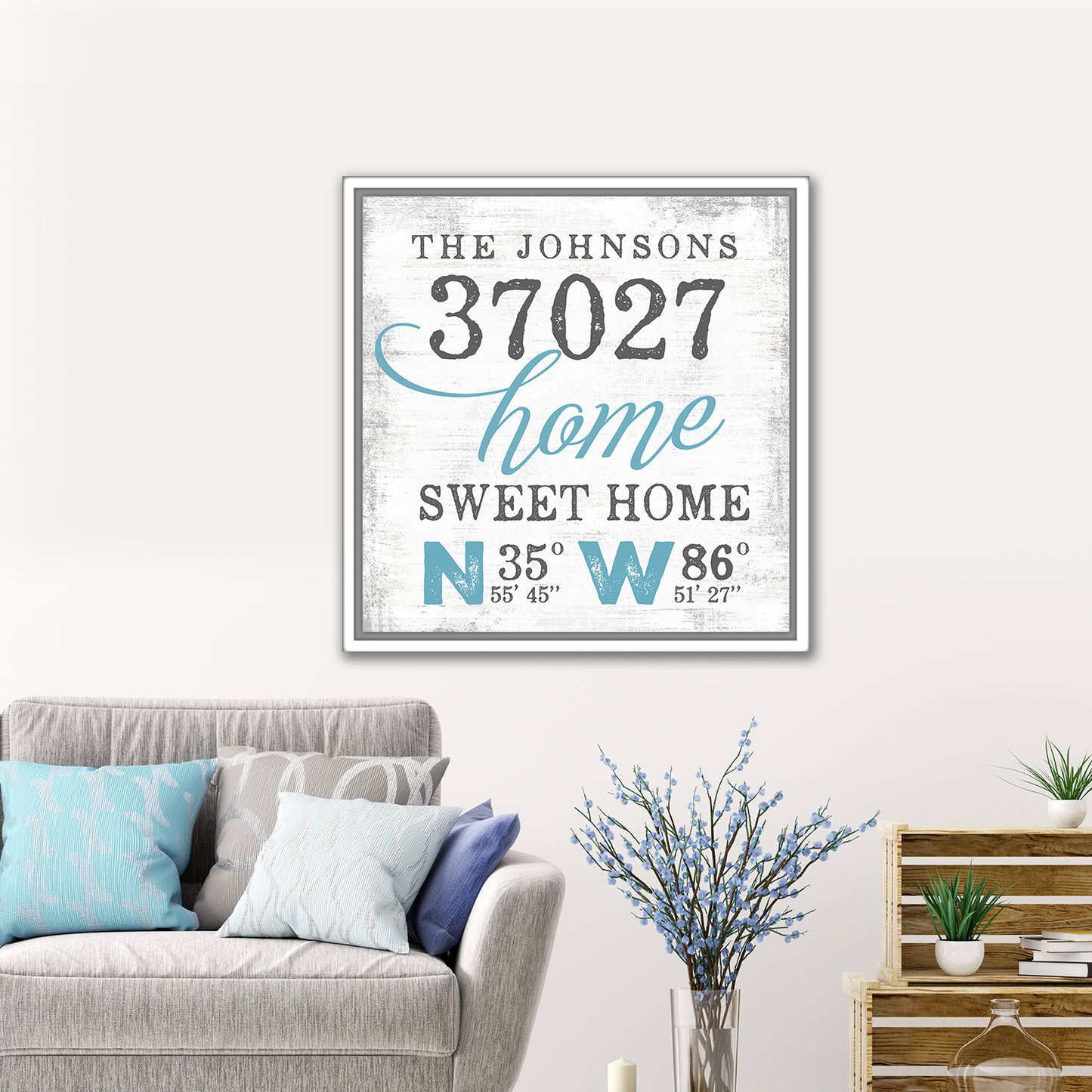 Custom Name Sign With Zip Code & Location in Living Room - Pretty Perfect Studio