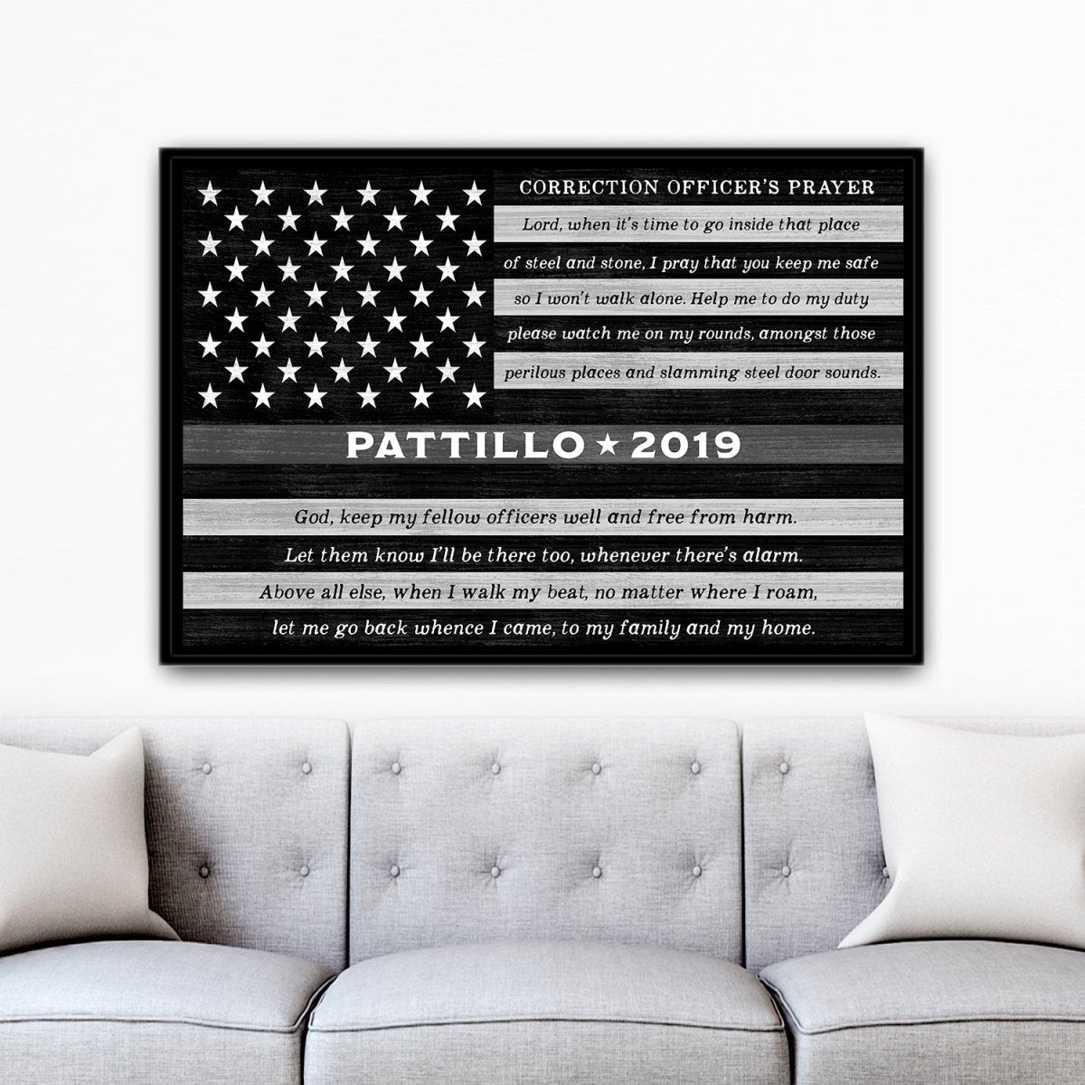 Correctional Officer Sign With Prayer and Name Above Couch - Pretty Perfect Studio