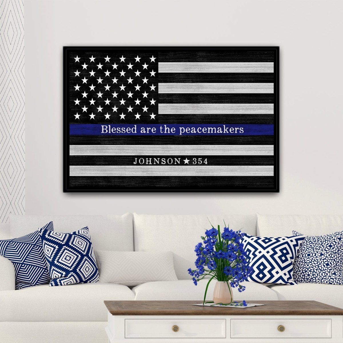 Custom Blue Line Sign With Name and Badge Number Above Couch - Pretty Perfect Studio
