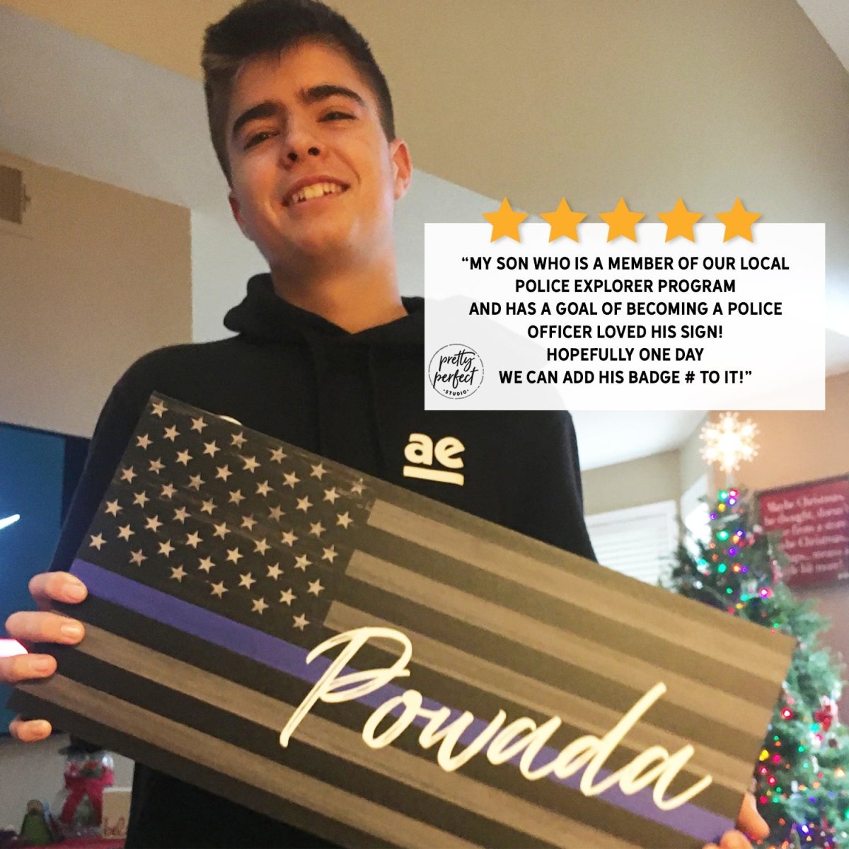Customer product review for personalized blue line police officer name sign by Pretty Perfect Studio