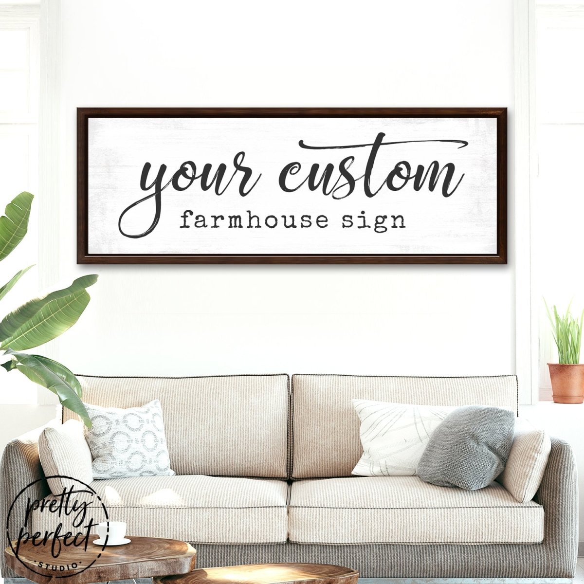 Custom Farmhouse Personalized Sign Above Couch in Living Room - Pretty Perfect Studio