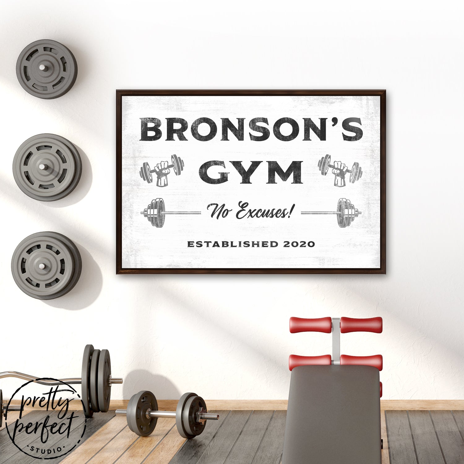 Custom Home Gym Sign Hanging in Fitness Room - Pretty Perfect Studio