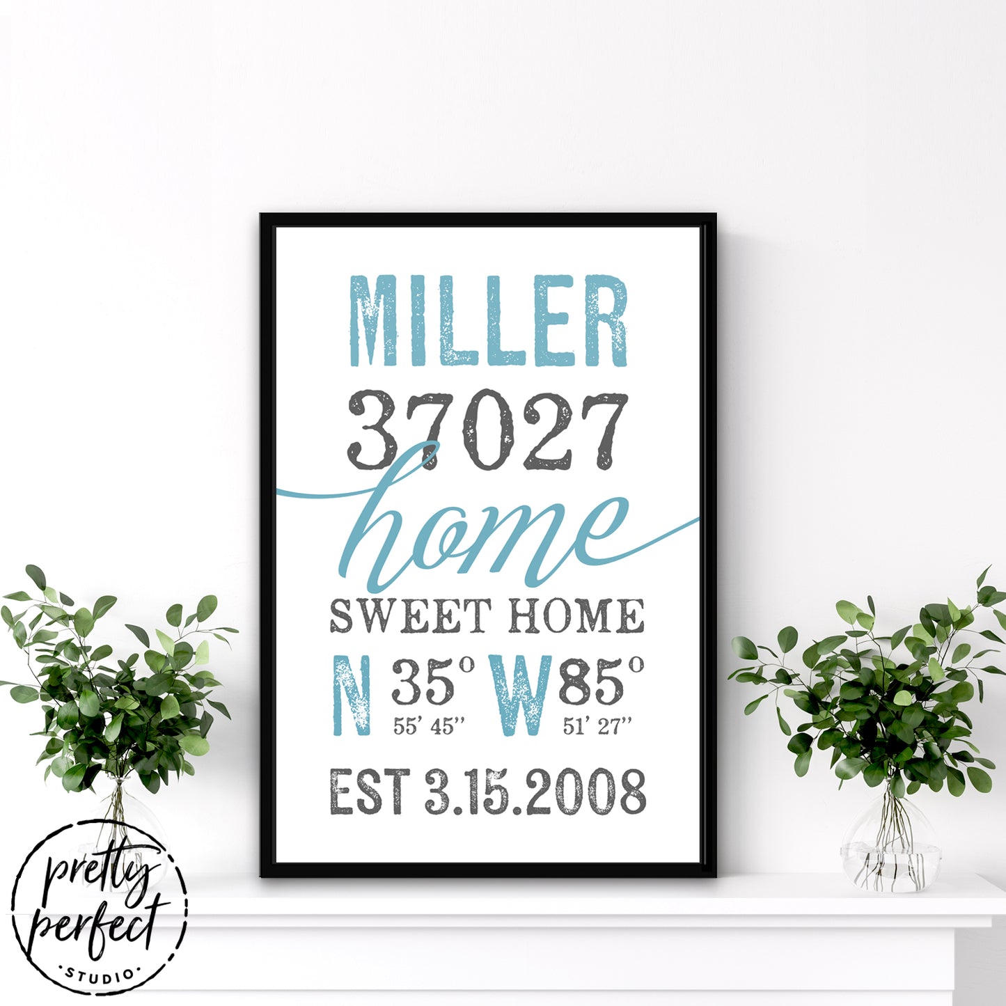 Custom Location Sign With Name and Zip Code Above Shelf - Pretty Perfect Studio