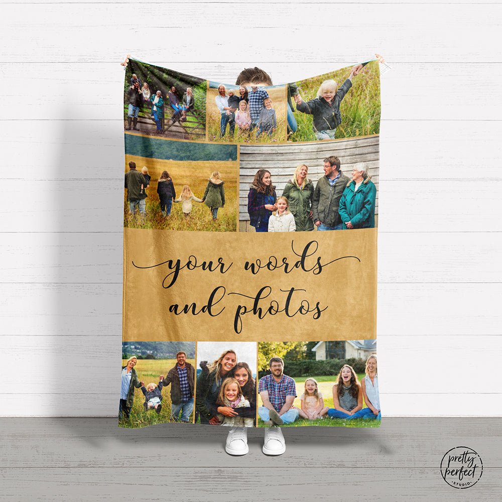 Custom photo collage blanket with personalized quote and family pictures on gold background fleece