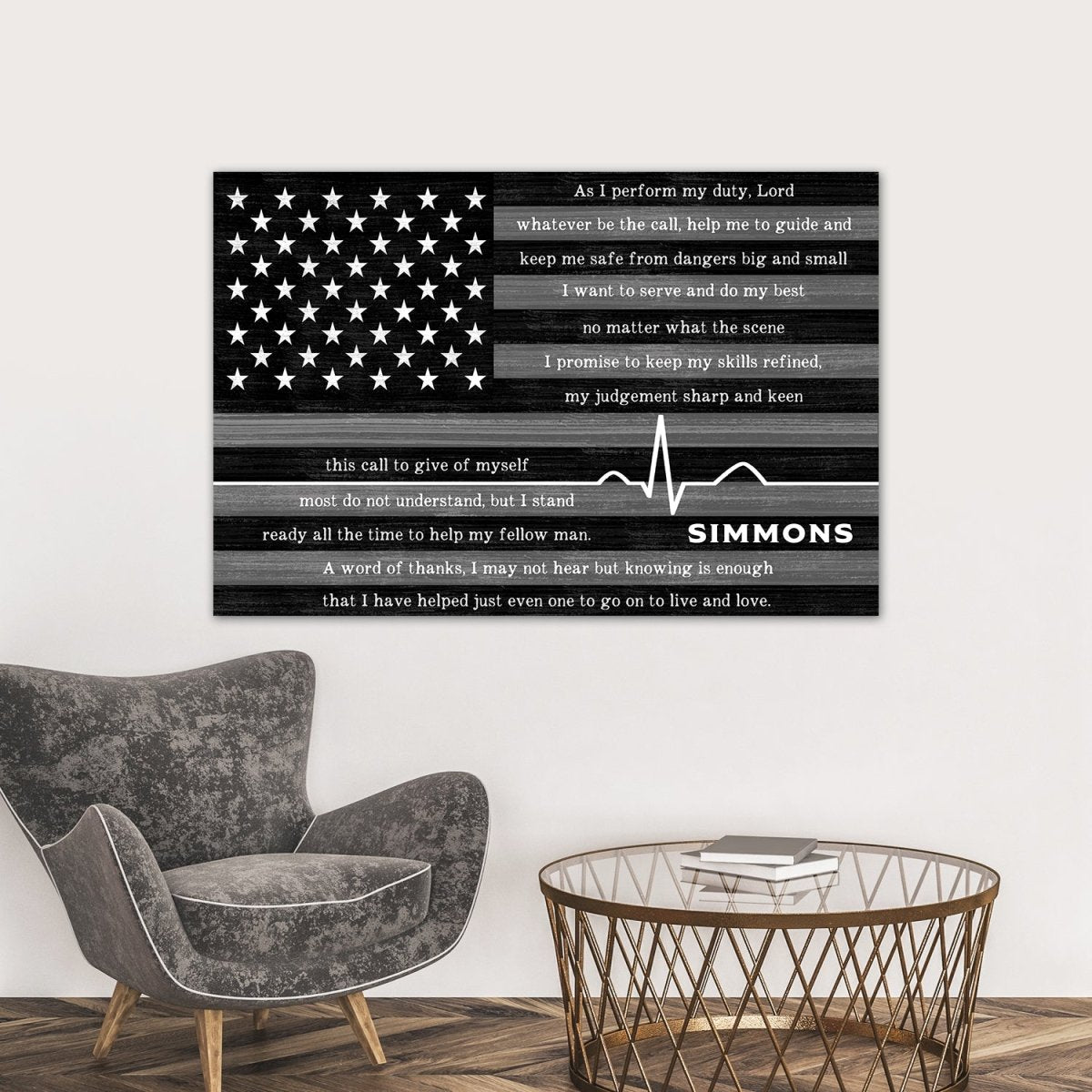 EMS Prayer on Flag With Name Personalization in Family Room - Pretty Perfect Studio
