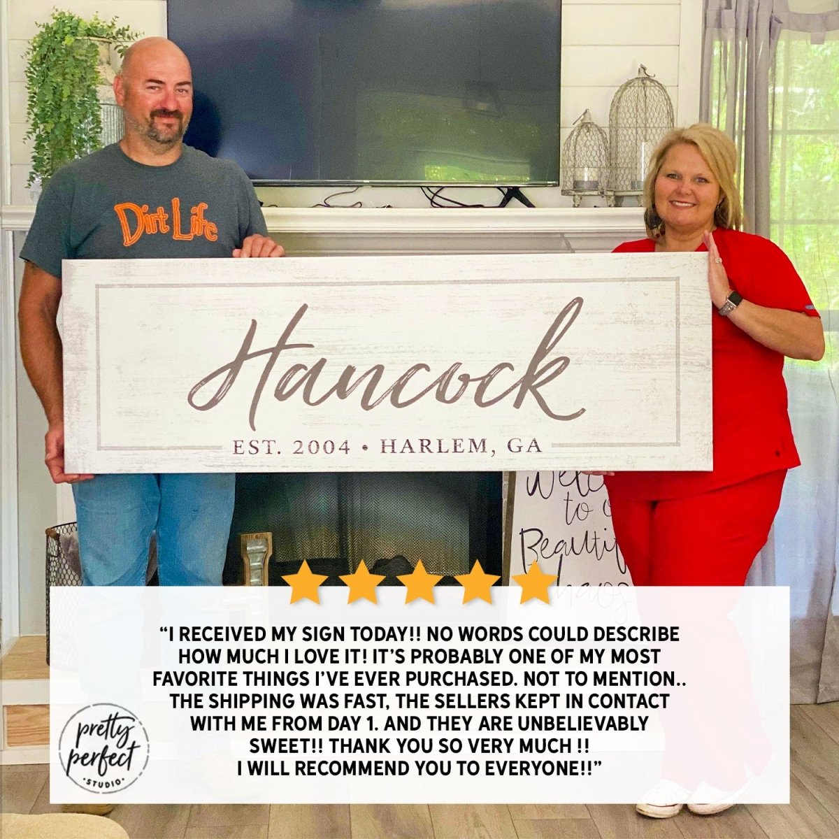 Customer product review for personalized family established sign by Pretty Perfect Studio