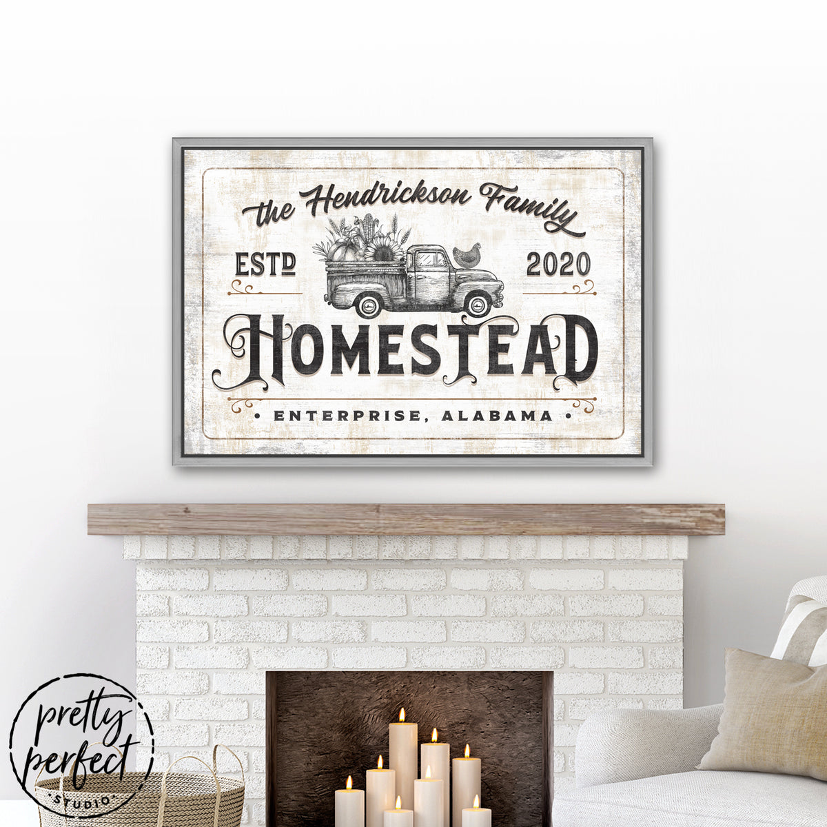 personalized homestead canvas wall art with vintage farm truck and chicken illustration on distressed background above cozy fireplace mantel