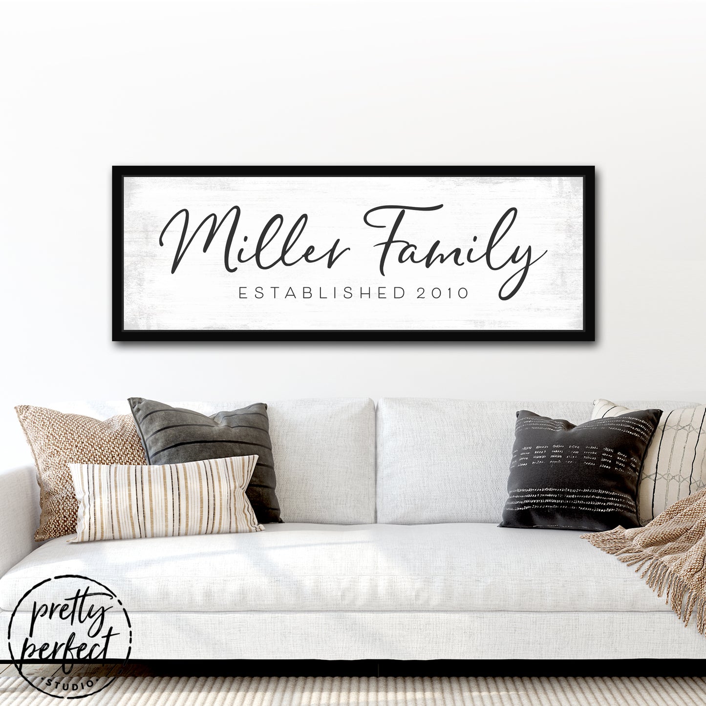 Custom Family Name Sign with Established Date Above Couch - Pretty Perfect Studio