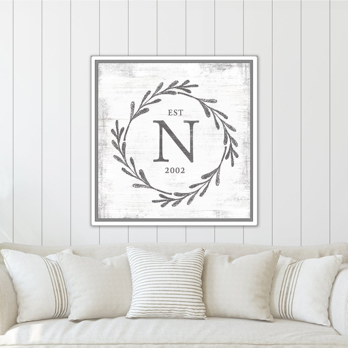 Family Monogram Sign With Established Date Above Couch - Pretty Perfect Studio