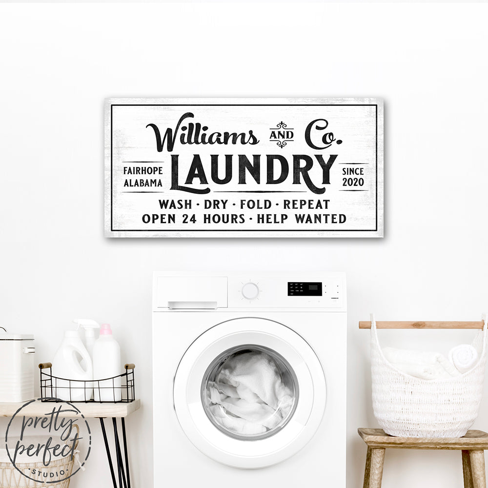 personalized laundry room sign with custom family name, farmhouse laundry wall art above washing machine