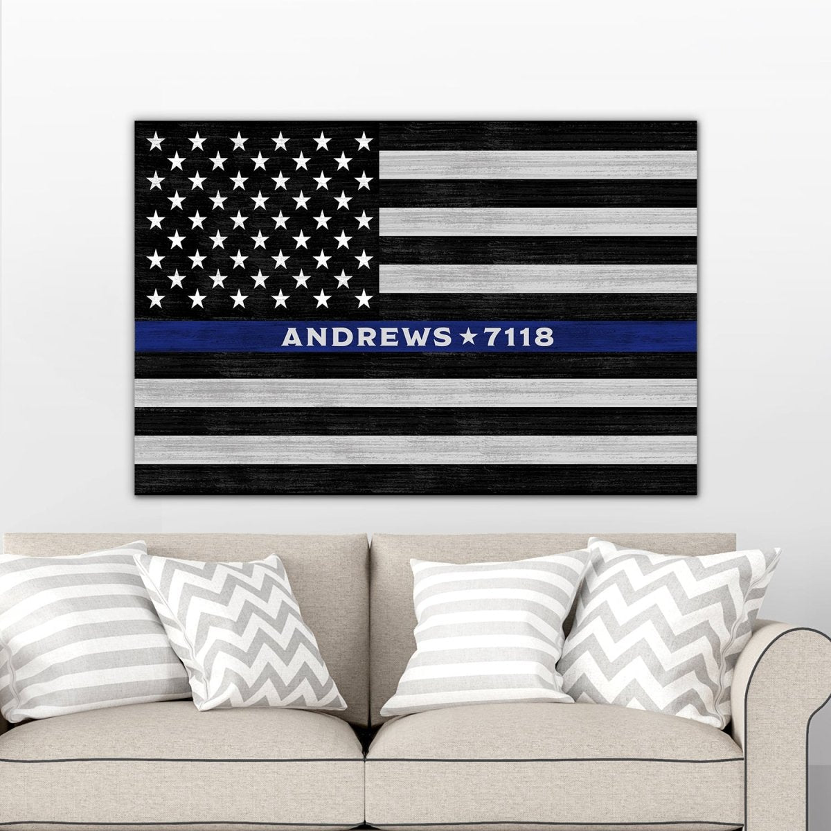 Flag Sign Personalized With Police Officer Name Above Couch - Pretty Perfect Studio