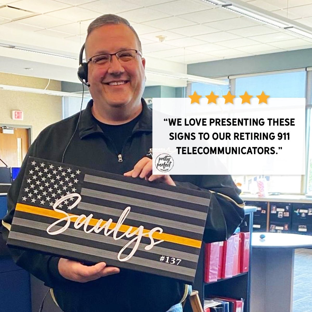 Customer product review for personalized thin gold line flag sign by Pretty Perfect Studio