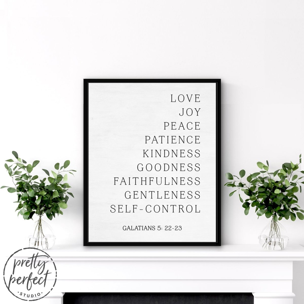 Fruit Of The Spirit Canvas Wall Art on Fireplace Mantel Between Two Planters - Pretty Perfect Studio