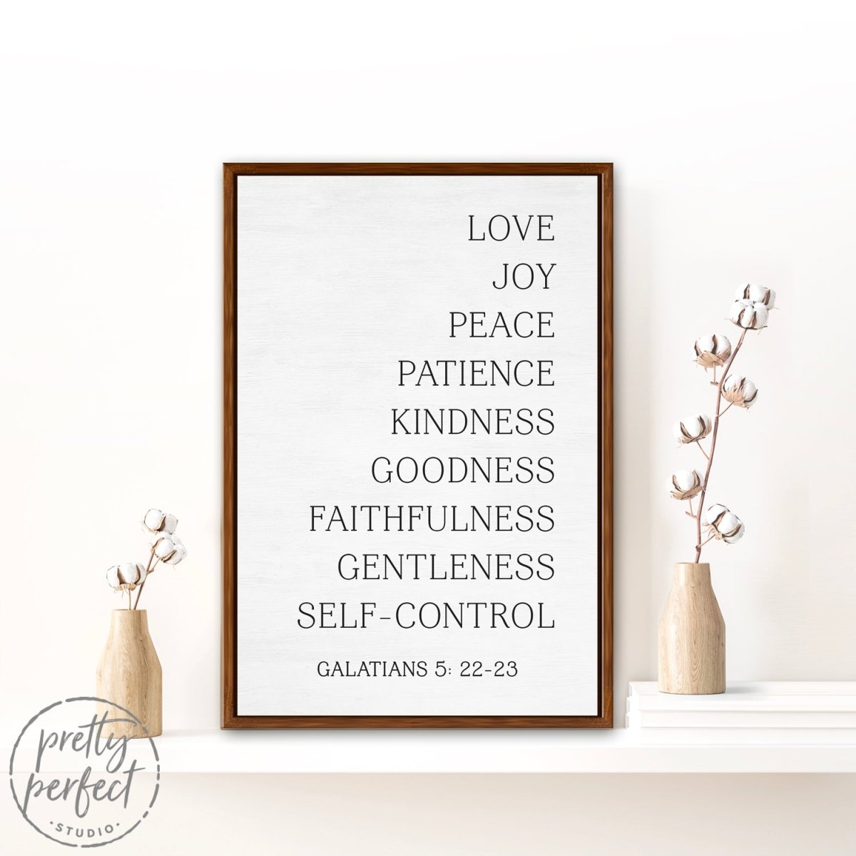 Fruit Of The Spirit Sign Hanging On Wall Next to Flower in Vase - Pretty Perfect Studio