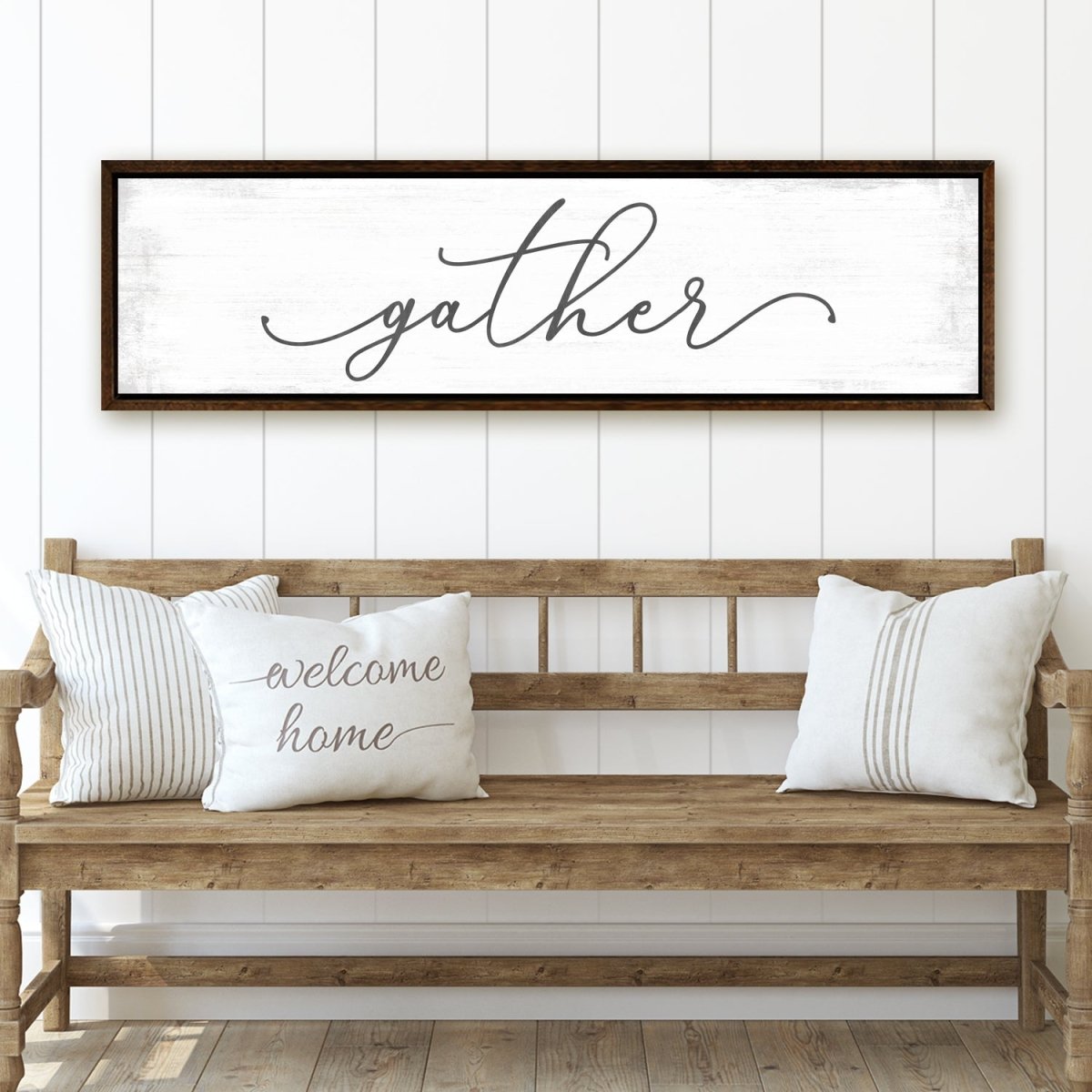 Gather Farmhouse Sign Above Entryway Bench - Pretty Perfect Studio