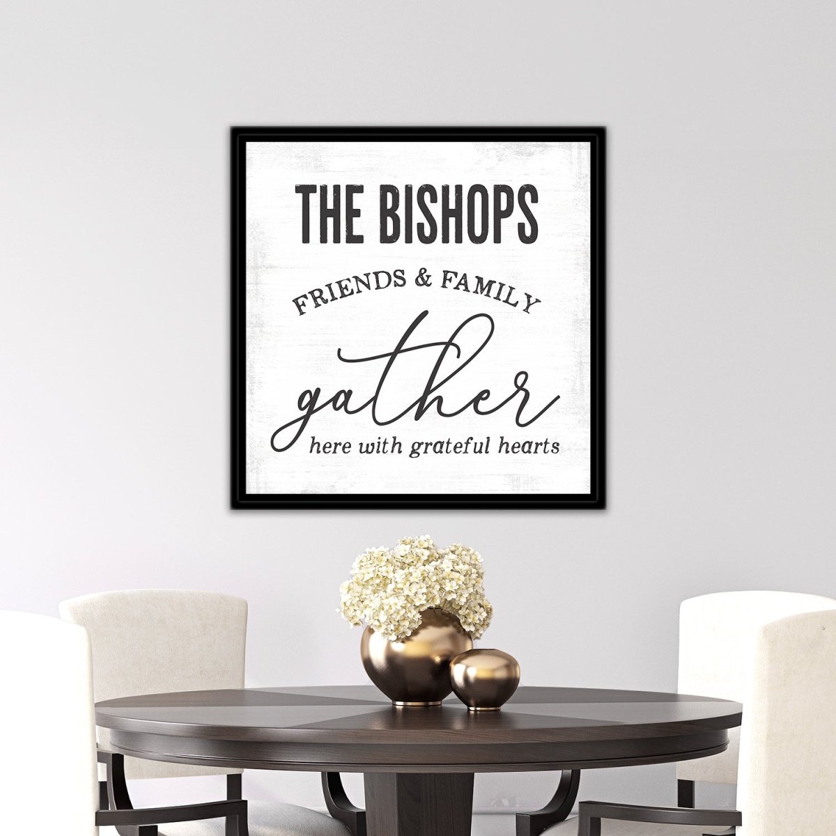 Gather Here With Grateful Hearts Last Name Sign Above Table - Pretty Perfect Studio
