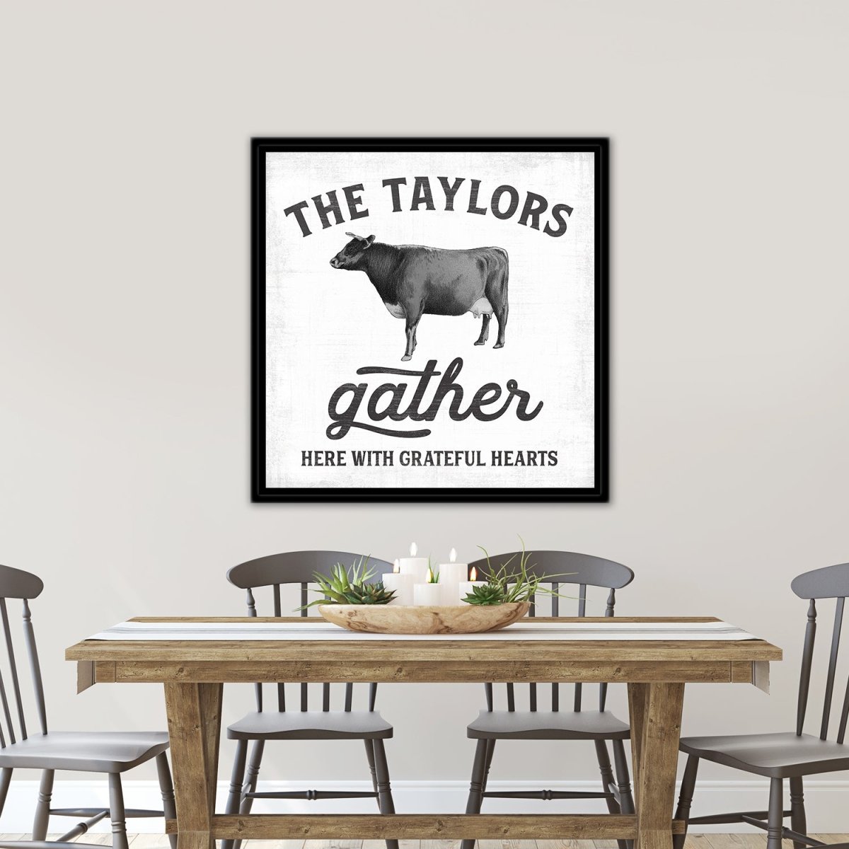 Gather Here With Grateful Hearts Sign With Personalization Above Table - Pretty Perfect Studio