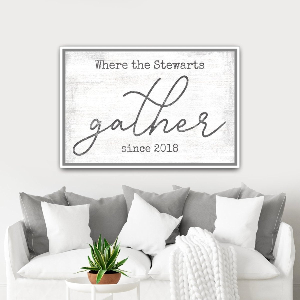 Gather Sign Personalized With Last Name and Date Above Couch - Pretty Perfect Studio