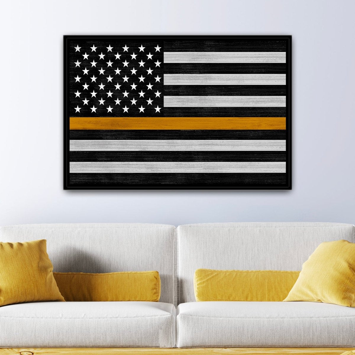 Gold Line Flag Canvas Sign For 911 Dispatchers & Tow Truck Drivers Above Couch - Pretty Perfect Studio