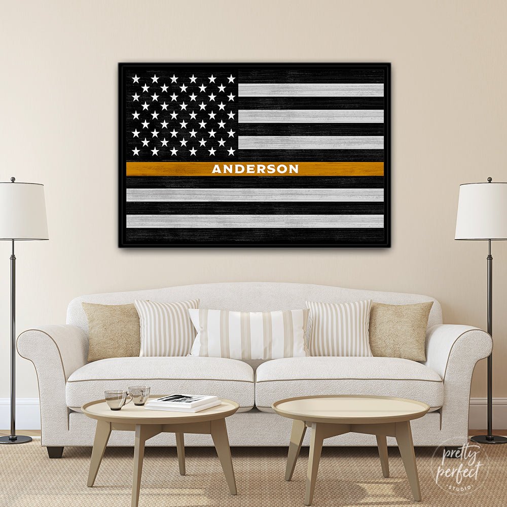 Gold Line Flag Wall Art Sign For Dispatchers & Tow Truck Drivers Above Couch - Pretty Perfect Studio