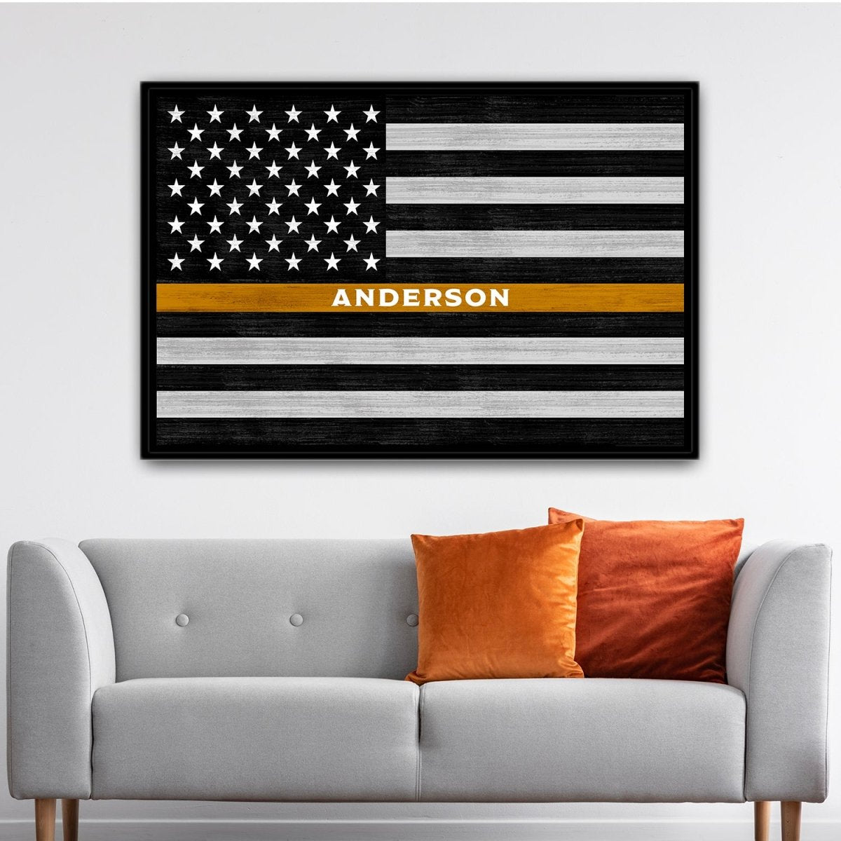 Gold Line Flag Wall Art Sign For Dispatchers & Tow Truck Drivers Above Couch - Pretty Perfect Studio