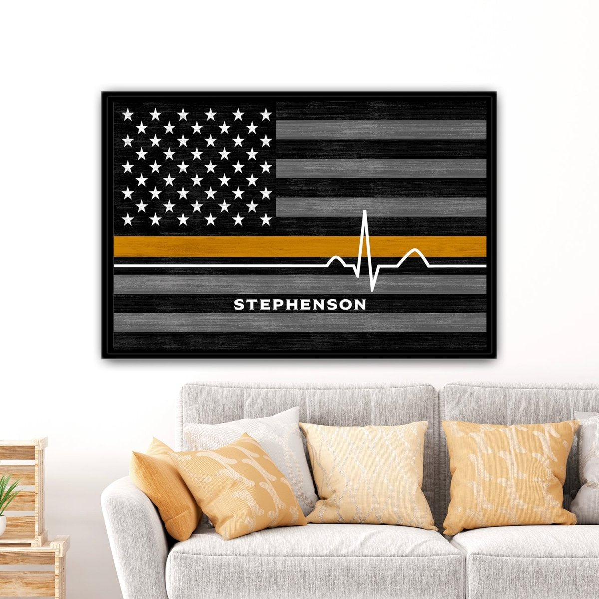 Gold Line Personalized Sign For 911 Dispatchers & Tow Truck Drivers Above Couch - Pretty Perfect Studio